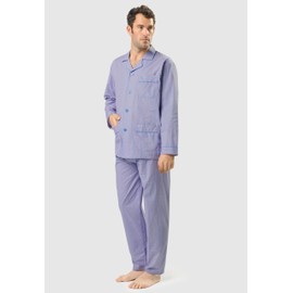 El Búho Nocturno Men's Long Cotton Pyjamas for Men Classic Lapel Button Jacket Checked Striped Hospital Pyjamas (PPyjamas Poplin Blue 1538_30) (XL)