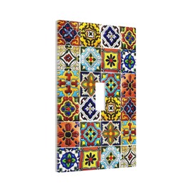 Colorful Boho Mexican Moroccan Tile Single Toggle Light Switch Plates Outlet Covers Decorative Electrical Wall Plate 1 Gang Receptacle Switchplate Decorate Plug Cover 5 * 3 Inch