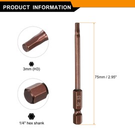 HARFINGTON Hex Head Wrench Drill Bit 3mm(H3) Metric 1/4" Hex Shank 3"(75mm) Length S2 Steel Magnetic Impact Drivers Screwdriver Bit Industrial Grade Hexagon Electric Drill Bits