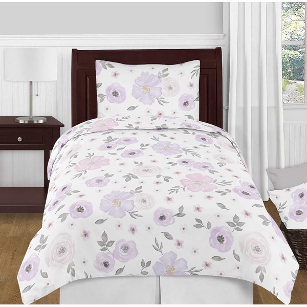 Sweet Jojo Designs Lavender Purple, Pink, Grey and White Shabby Chic Watercolor Floral Girl Twin Kid Childrens Bedding Comforter Set - 4 Pieces - Rose Flower