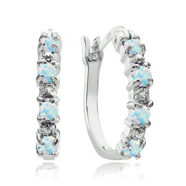 925 Sterling Silver Synthetic White Opal Small Round Hoop Earrings for Women