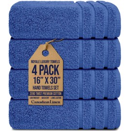 Canadian Linen Royale Luxury Large Hand Towels Set, 16”x30” 4 Pack, Super Soft Premium Zero Twist Cotton Lightweight Quick Dry Highly Absorbent Oversized Bathroom Towel, Home Hotel Spa Gym, Blue