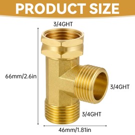 Garden Hose Tee Adapter, Brass Tee Fitting 3/4" GHT Swivel Female x Male x Male Water Pipe Connector Heavy Duty 3 Way Splitter T Shaped Adapter for Outdoor Faucet Hose Bib Drip Irrigation