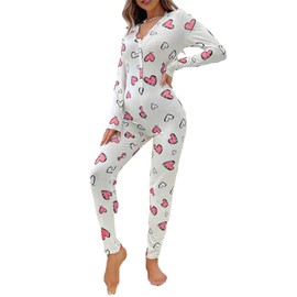 Raruxxin Women Valentine's Jumpsuit Heart Print Long Sleeve V Neck Button Down Bodycon Onesie One Piece Pajama Loungewear