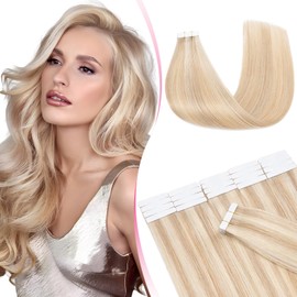 MY-LADY 20pcs Invisible Seamless Tape in Hair Extensions Human Hair Highlighted - Remy Straight Real Hair #18/613 Ash Blonde Mix Bleach Blonde - 12 Inch 30g