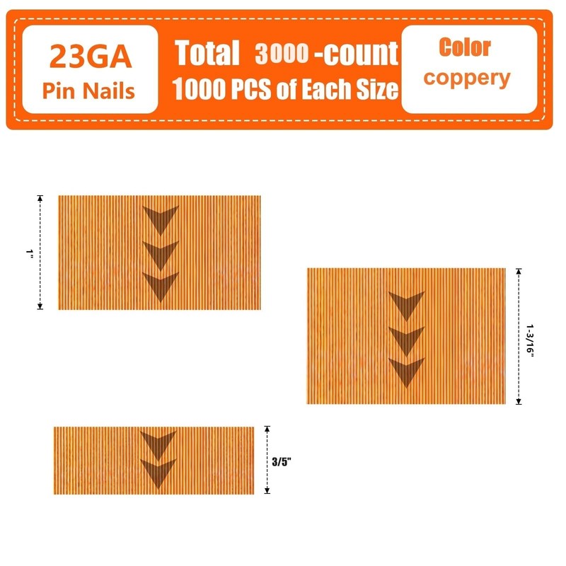 SITLDY 23 Gauge Pinner Nails 3000 Count, 3 Sizes (1-3/16",