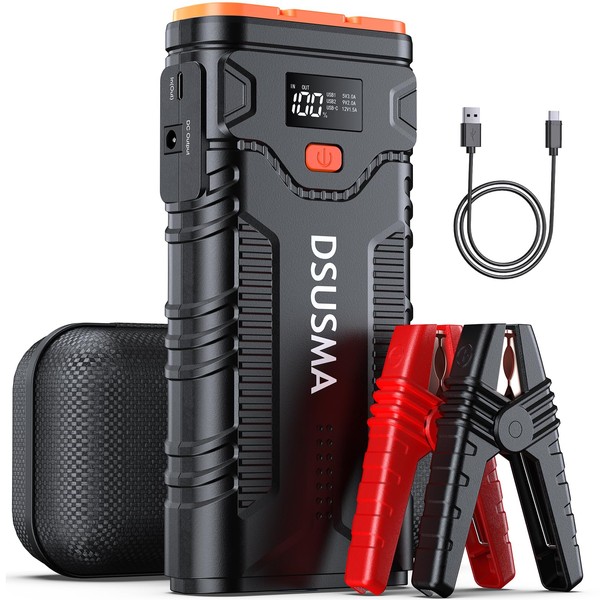 DSUSMA Car Jump Starter, 2500A Jump Starter Battery Pack (up to 10.0L Gas/8L Diesel Engines), 12V Car Battery Jump Starter with USB Quick Charge 3.0 and LED Flashlight, Jump Box for 12V Vehicles