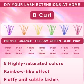 Colored Lash Extension Kit, Individuals Eyelash Clusters DIY Colored Eyelash Extension Kit 6 Colors Rainbow Individual Lashes 14/16mm D Curl Red, Blue, Purple, Orange, Yellow, Green（120pcs）