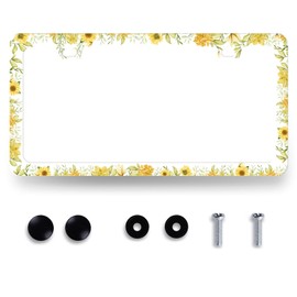 Sunflower License Plate Frame Yellow Flowers Floral License Plate Holder Stainless Steel Sunflower Auto Parts Colorful License Plate for Women Decoration Size 12.2"x 6.2" with Screws
