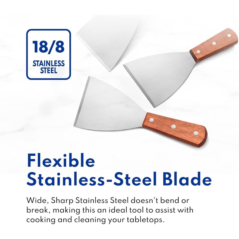 2Pcs Griddle Scraper,Stainless Steel Spatula for Cast Iron Wood Handle