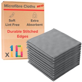 REXO Microfibre Cleaning Cloth - Pack of 10, Premium Reusable, Multi-Surface, Lint Free Cleaning Cloths - Ultra Absorbent, Soft, Durable for Kitchen, Car & More (Grey, 30x30 cm)