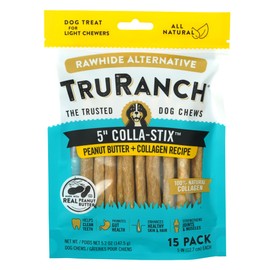 TRURANCH Collagen Sticks - 5" Collagen Sticks for Dogs - Long Lasting Healthy Joint Support Dog Treat - Rawhide Alternative - Skin & Coat Health - Made with Real Peanut Butter, 1 Bag, 15 Count