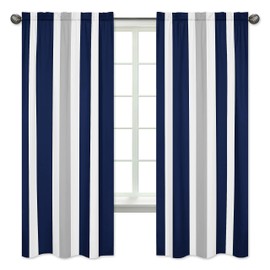 Sweet Jojo Designs Navy Blue, Gray and White Window Treatment Panels for Stripe Collection - Set of 2
