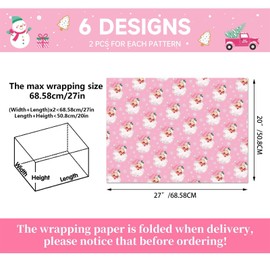 MORAINJAY 12 PCS Christmas Wrapping Paper Roll 66cmx50cm,2024 Christmas Pink Santa Wrapping Paper,Xmas Wrapping Paper Rolls for Christmas Winter Birthday Festival Kids Gift Wrapping