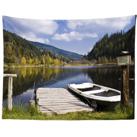 Loccor Riverside Boat Tapestry Moor Lakebank Fishing Boat Forest Trees Natural Mountain Scenery in Austria Wall Hanging for Home Living Room Bedroom Wall Decor 106''x70''