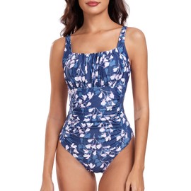 FLYILY Women’s Ruched One Piece Swimsuits Tummy Control Bathing Suit Slimming Monokini 1 Piece Swimwear(WhiteFlower,M)