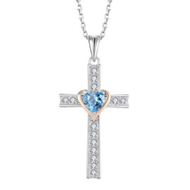 Aprila Women Necklace 925 Sterling Silver Heart Cross Pendant Necklace with Cubic Zirconia March Birthstone Aquamarine Color Jewelry
