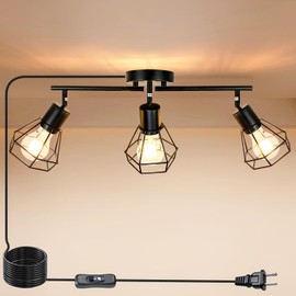 HiBay Track Lighting Plug in, 3-Light Directional Ceiling Light Fixture Black, Farmhouse Plug-in Track Light E26 Wall Spotlight with 16.4ft Cord & in-Line On/Off Switch for Kitchen Dining Room