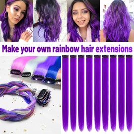 TOFAFA 22 inch Colored Hair Extensions straight Hairpiece, Multi-colors Party Highlights Clip in Synthetic Hair Extensions (12 PCS Purple)