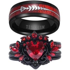 Ringskull Matching Rings Black Plated Couple Rings Wings 1CT Heart Red CZ Wedding Ring Sets