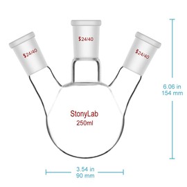 StonyLab 250ml Glass 3 Neck Round Bottom Flask RBF, with 24/40 Center and Side Standard Taper Outer Joint