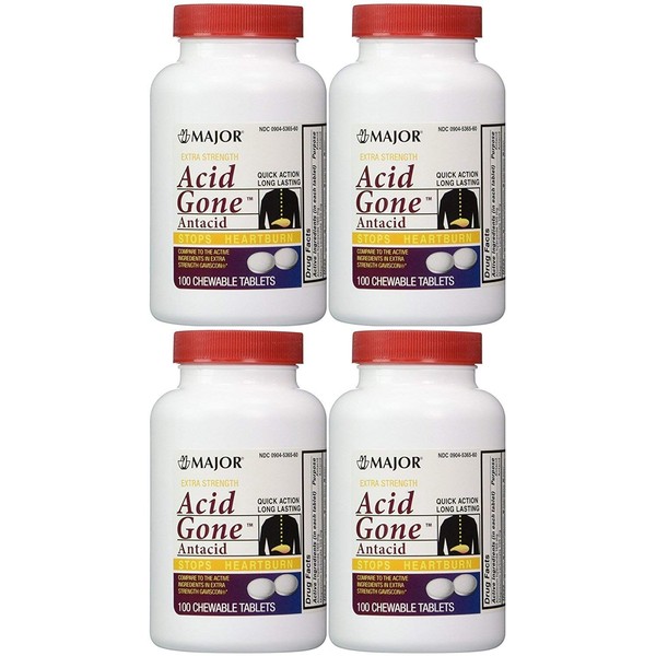 Acid Gone Antacid Chewable Generic for Gaviscon Extra Strength Chewable Tablets 100 Ct. Per Bottle Pack of 4 Bottles Total 400 Tablets