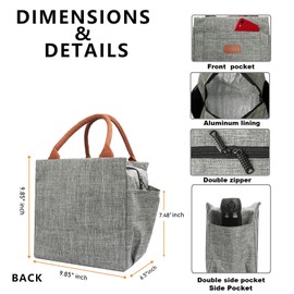 Joymee Lunch Bag Women Insulated Lunch Box Reusable Leakproof Large Spacious Tote for Women Men Adult with Bottle Holder and Side Pockets for Work Picnic Travel - Grey