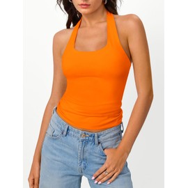 Trendy Queen Halter Tops for Women 2025 Summer Going Out Tops Backless Crop Sleeveless Workout Shirts Cute Y2k Clothes Orange XS