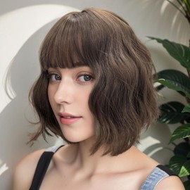 ORAVISTA Short Brown Bob Wig with Bangs, Curly Wavy Dark Hair for Women, Heat Resistant Wigs Human Hair Mixed Synthetic for Daily, Party, Holiday Use