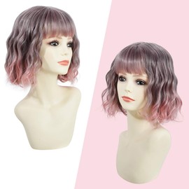 Yamel Wavy Bob Wig with Bangs Natural Ombre Pink Wig Synthetic Hair Shoulder Length Short Curly Wigs for Women