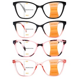 VisiWell 4 Pack Progressive Multifocus Reading Glasses for Women Men Blue Light Blocking Readers with Spring Hinge (4 Mix color-2, 1, x)