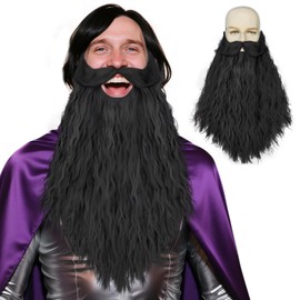JoneTing Black Wizard Beard with Elastic Band for Men Synthetic Long Black Curly Beard for Adults Long Curly Facial Wizard for Cosplay Costume Outfit for Halloween Christmas Cosplay Party Mustache