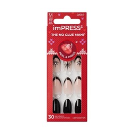 KISS imPRESS Holiday Press On Nails Almond, ‘My Only Wish’, Black, Medium, Improved Super Hold Adhesive, 30 Fake Nails, Prep Pad, Mini Nail File, & Manicure Stick