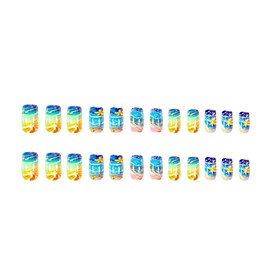 Summer Beach Press on Nails Long Square False Nails with Design Reusable Artificial Fake Nails Beach Nail Tips for Vacation Party Full Cover Glossy Stick on Nail for Salon Manicure 24Pcs