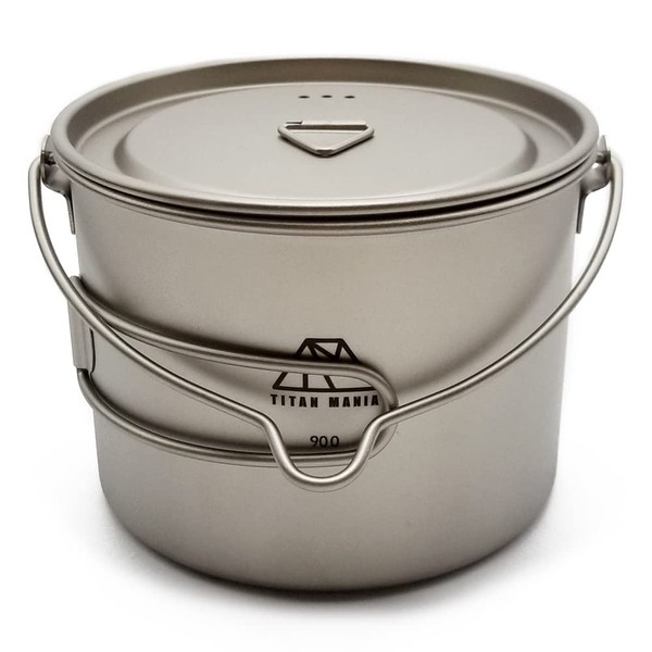 TITAN MANIA Cooker Kocher Titanium, 900 ml (30.4 fl oz), Solo Camping, Deep Type, Lid Included, Ultra Lightweight, Durable, Direct Flame, Bail Handle Included, Hanging Type, Folding Handle Included, Cookware, Camping Equipment, Outdoor, Camping Equipment