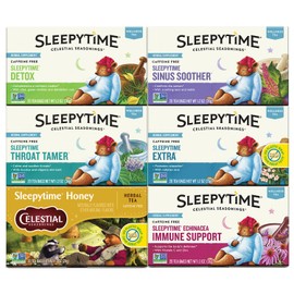 Celestial Seasonings Wellness Tea Sleepytime Variety Pack, Detox, Sinus Soother, Throat Tamer, Sleepytime Extra, Honey, Immune Boost, Caffeine Free Sleep Tea, 20 Tea Bags (Pack of 6)