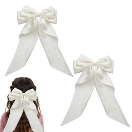 2Stück Haarschleife,Haarschleifen Mädchen,Haarspangen mit Großer Schleife,Haarklammer Schleife,Französische Haarspange Groß mit Langem Seidigem Satin,Schleifen Haare,Hair Bow Haarnadel für Damen(Weiß)