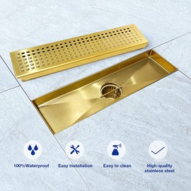 Bernkot Linear Shower Drain 12", 304 Stainless Steel Floor Drain with Grid Drain Cover & Hair Strainer, Rectangular Shower Drain w/CUPC Certified, Brushed Gold