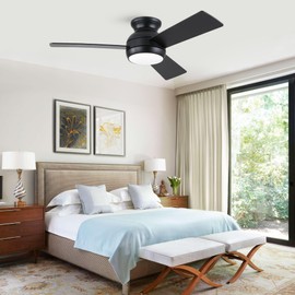 putroad 42 Inch Ceiling Fans with Lights: Low Profile Ceiling Fan with Light and Remote - Flush Mount Ceiling Fan 3 Blades 6 Speeds Reversible 3CCT Dimmable for Bedroom Living Room Indoor,Black
