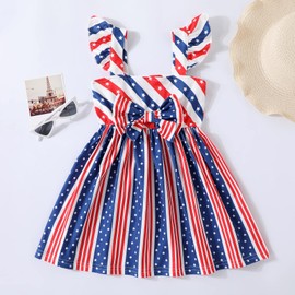 NUBEEHOHO 4th of July Dress Toddler Girls American Flag Striped Sundress Kids Patriotic Outfit Baby Bowknot Dress Flutter Sleeve Flag Clothes(1433-2T)