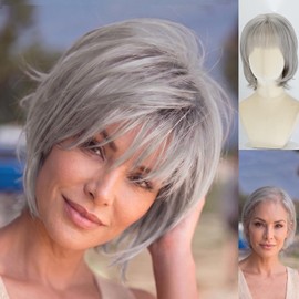Soft Light Gray Bob Wig for Older Women, 12 Inch Synthetic Wig with Bangs, Glueless Ready to Wear Hair for White Women, Comfortable Natural Looking Wig