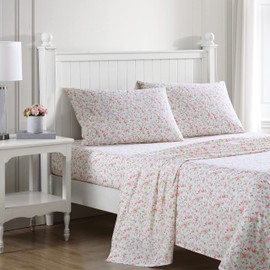 Laura Ashley - Twin Sheets, Cotton Percale Bedding Set, Crisp & Cool Home Decor (Norella Pink, Twin)