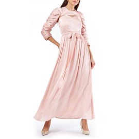 AAmri Women's Elegant Long Dress with Ruched Sleeves, Sweetheart Neckline & Waist Tie – Perfect Wedding Guest & Formal Evening Gown Peach