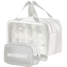 2 PCS Clear Toiletry Bags for Women, Travel Toiletries Wash Bag with Handles, Wet Dry Separation Large Capacity PVC Makeup Bag for Girls (White)