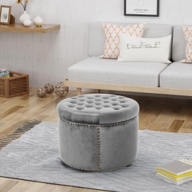 Christopher Knight Home Tiernan Round Velvet Upholstered Ottoman, Small Footrest Stool, End Side Table, Button Tufted Coffee Table, Wooden Frame Living Room Sofa Extra Seat with Nailhead, Light Gray