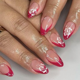 24Pcs Red French Tip Press on Nails Almond Medium Fake Nails with White Hibiscus Designs Glue on Nails Glossy Full Cover Stick on Nails Cute Acrylic Nails Summer Cute Floral False Nails for Women