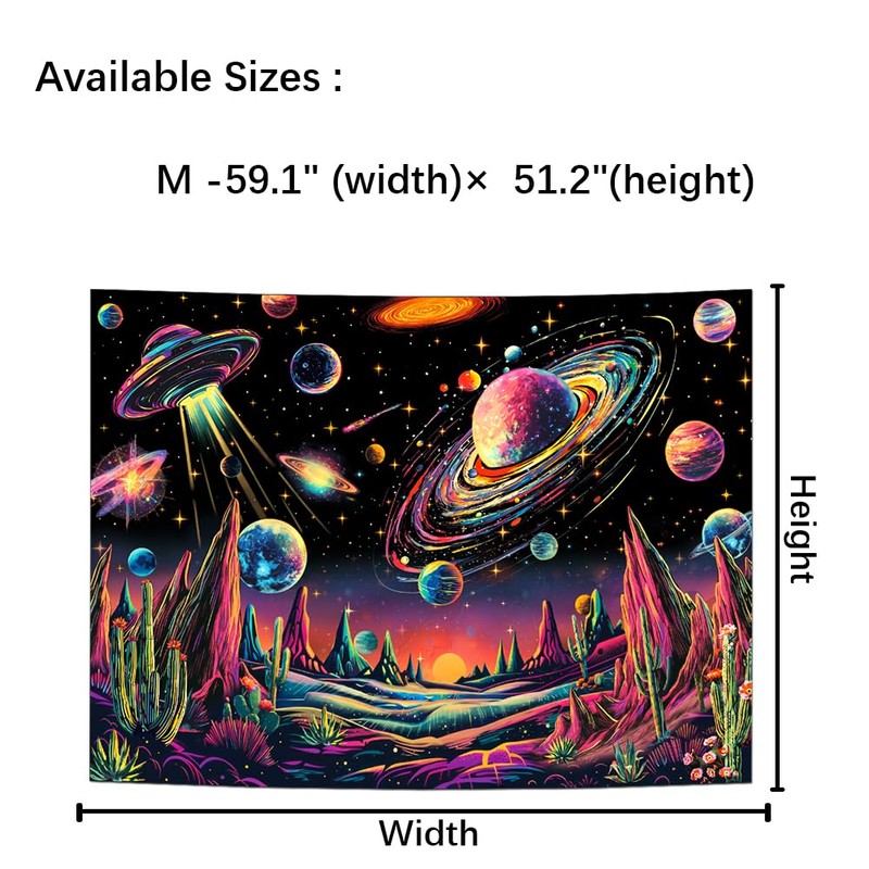 Tushelia Blacklight Galaxy Space Tapestry Neon Planet UFO Tapestries UV