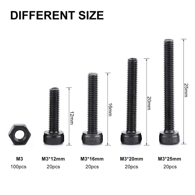 280Pcs M3 Machine Screw with Box, Black Color Grade 12.9
