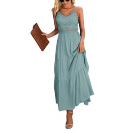 Dokuritu Women's Beach Crochet Lace Maxi Dress Solid Color Sundresses Boho Wedding Guest Summer Spaghetti Strap Long Green Dress 2024 (MintGreen, S)