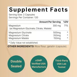 NAtureBell Triple Magnesium Glycinate Magnesium Citrate/Malate 240 Non-GMO/Gluten Free/USA